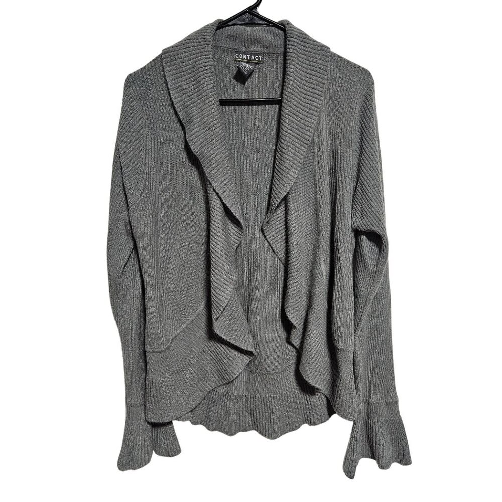 Contact Cardigan Sweater Womens Size Large Gray Ribbed Open Draped Soft Layering